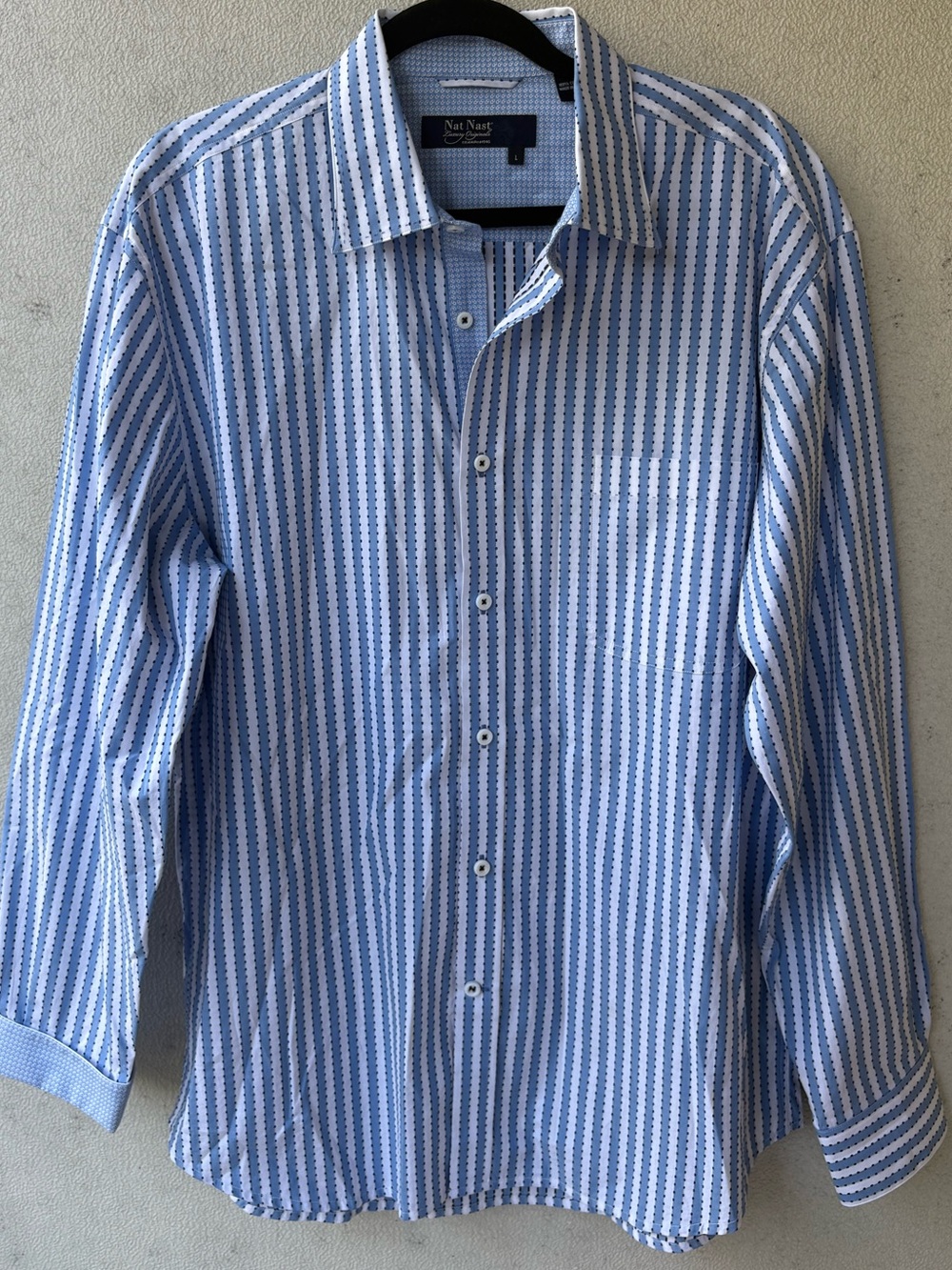 Nat Nast Luxury Originals L Blue Stripe Black Dot 100% Cotton Button Down Shirt
